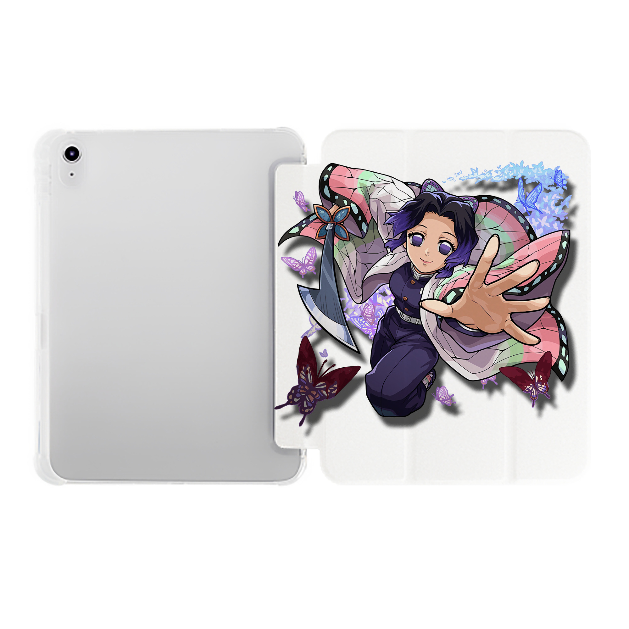 （画像用） 鬼滅の刃（きめつのやいば）蟲柱-胡蝶 しのぶ／こちょう しのぶ Kochou Shinobu IPad ケース ペン収納付き 三つ折りスタンド PUレザー×シリコン 対応機種9.5/10.5/10.9インチ